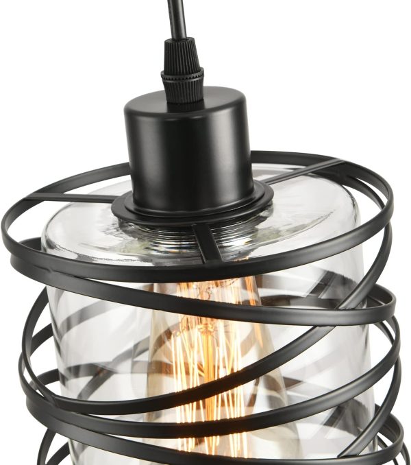 2 Pack Black Spiral Cage Pendant Lights with Clear Glass Shade, Suitable for Kitchen Island, Dining Table, Entryway, Restaurant - Image 3