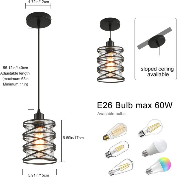 2 Pack Black Spiral Cage Pendant Lights with Clear Glass Shade, Suitable for Kitchen Island, Dining Table, Entryway, Restaurant - Image 5