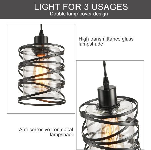 2 Pack Black Spiral Cage Pendant Lights with Clear Glass Shade, Suitable for Kitchen Island, Dining Table, Entryway, Restaurant - Image 6