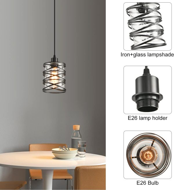 2 Pack Black Spiral Cage Pendant Lights with Clear Glass Shade, Suitable for Kitchen Island, Dining Table, Entryway, Restaurant - Image 8