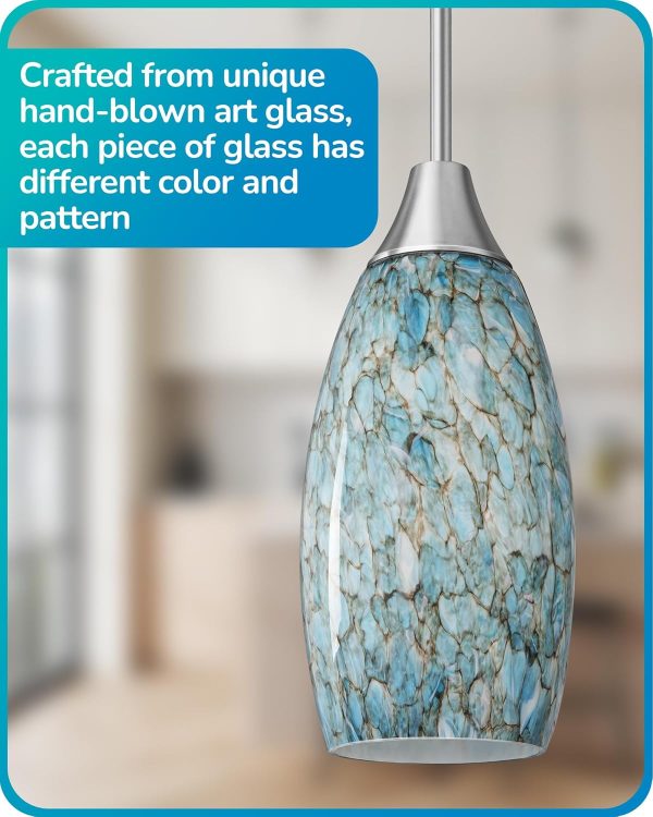 EDISHINE Pendant Light, Hand Blown Hanging Light Fixture, Adjustable Brushed Nickel Rods, Blue Glass Pendant Lighting for Kitchen Island, Sink, Bathroom, Dining Room - Image 2