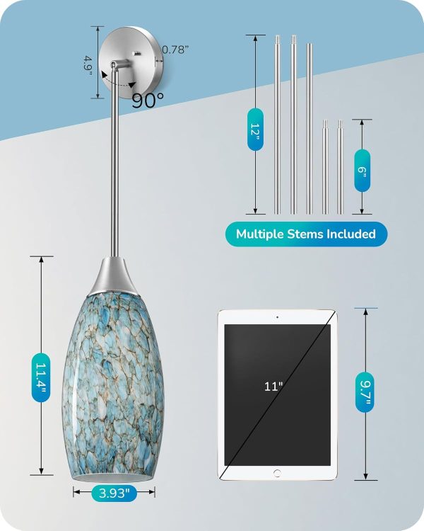EDISHINE Pendant Light, Hand Blown Hanging Light Fixture, Adjustable Brushed Nickel Rods, Blue Glass Pendant Lighting for Kitchen Island, Sink, Bathroom, Dining Room - Image 3