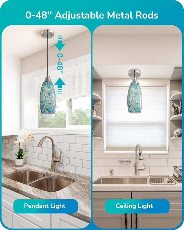 EDISHINE Pendant Light, Hand Blown Hanging Light Fixture, Adjustable Brushed Nickel Rods, Blue Glass Pendant Lighting for Kitchen Island, Sink, Bathroom, Dining Room - Image 5