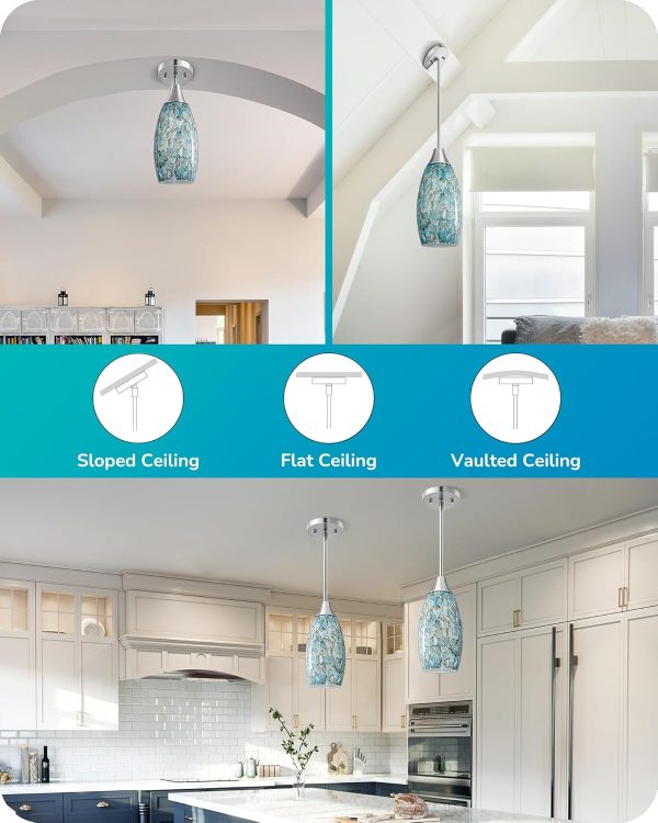 EDISHINE Pendant Light, Hand Blown Hanging Light Fixture, Adjustable Brushed Nickel Rods, Blue Glass Pendant Lighting for Kitchen Island, Sink, Bathroom, Dining Room - Image 7