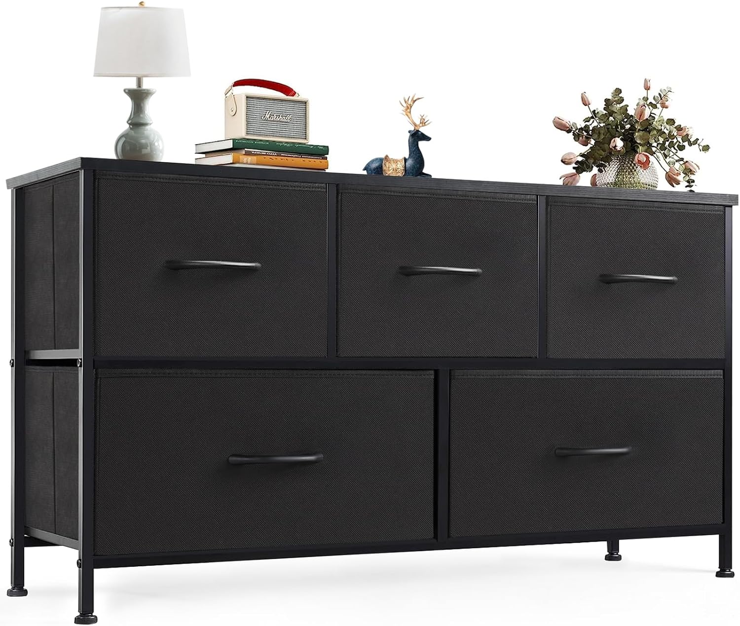 OLIXIS Dresser Storage with 5 Organizer Closet Chest Small Clothes Fabric Cabinet Kids Furniture Binis, Nightstand for Bedroom, Living Room, Nursery, Entryway, 5-Drawers, Classic Black