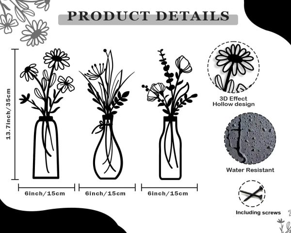 3 Pieces Metal Flowers Wall Arts - Rustic Farmhouse Decor Black Minimalist Flower Wall Decors for Living room Bathroom Bedroom Dining Room - Housewarming Gifts(Black, Vase-C) - Image 2