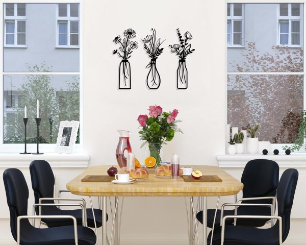 3 Pieces Metal Flowers Wall Arts - Rustic Farmhouse Decor Black Minimalist Flower Wall Decors for Living room Bathroom Bedroom Dining Room - Housewarming Gifts(Black, Vase-C) - Image 3