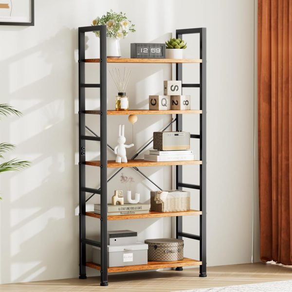 Sweetcrispy Book Shelf, 5 Tier Bookcase, Tall Bookshelf Modern Book Case for Books, Garage Kit, CDs, Movies, Industrial Corner Storage Organizer for Bedroom Home Office Kitchen Living Room Rust Brown - Image 2