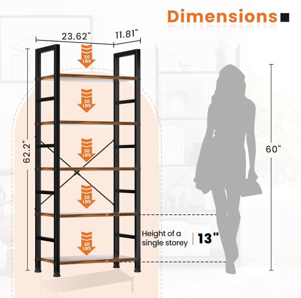Sweetcrispy Book Shelf, 5 Tier Bookcase, Tall Bookshelf Modern Book Case for Books, Garage Kit, CDs, Movies, Industrial Corner Storage Organizer for Bedroom Home Office Kitchen Living Room Rust Brown - Image 3