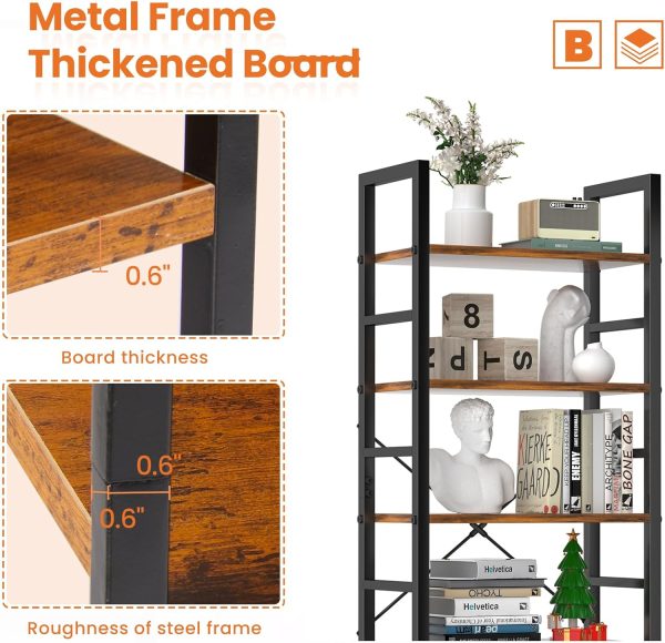 Sweetcrispy Book Shelf, 5 Tier Bookcase, Tall Bookshelf Modern Book Case for Books, Garage Kit, CDs, Movies, Industrial Corner Storage Organizer for Bedroom Home Office Kitchen Living Room Rust Brown - Image 4