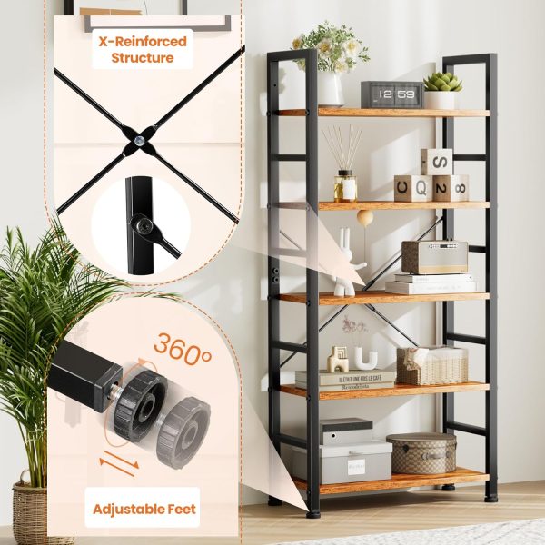Sweetcrispy Book Shelf, 5 Tier Bookcase, Tall Bookshelf Modern Book Case for Books, Garage Kit, CDs, Movies, Industrial Corner Storage Organizer for Bedroom Home Office Kitchen Living Room Rust Brown - Image 6