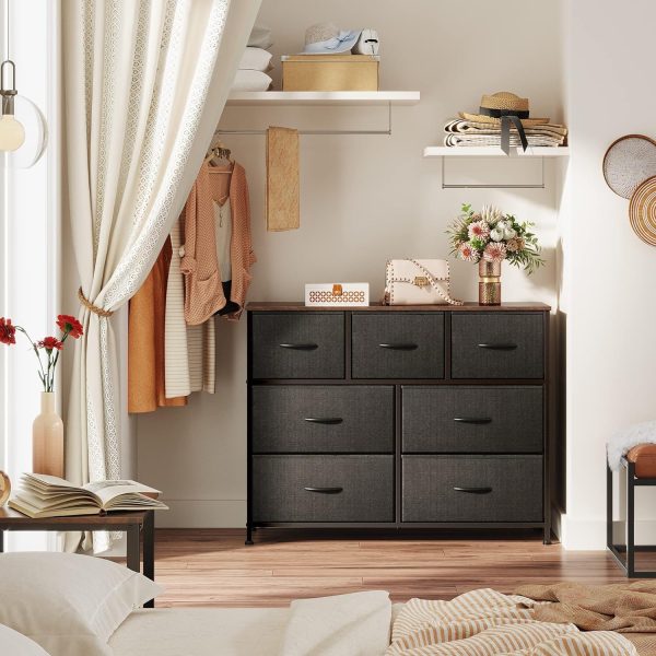 WLIVE Dresser TV Stand, Entertainment Center with Fabric Drawers, Media Console Table with Metal Frame and Wood Top for TV up to 45 inch, Chest of Drawers for Bedroom, Black and Rustic Brown - Image 2