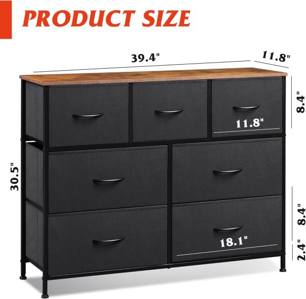 WLIVE Dresser TV Stand, Entertainment Center with Fabric Drawers, Media Console Table with Metal Frame and Wood Top for TV up to 45 inch, Chest of Drawers for Bedroom, Black and Rustic Brown - Image 3