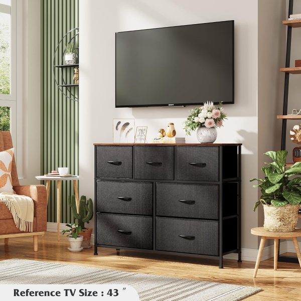 WLIVE Dresser TV Stand, Entertainment Center with Fabric Drawers, Media Console Table with Metal Frame and Wood Top for TV up to 45 inch, Chest of Drawers for Bedroom, Black and Rustic Brown - Image 4