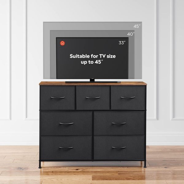 WLIVE Dresser TV Stand, Entertainment Center with Fabric Drawers, Media Console Table with Metal Frame and Wood Top for TV up to 45 inch, Chest of Drawers for Bedroom, Black and Rustic Brown - Image 7