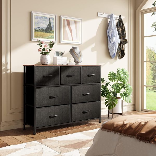 WLIVE Dresser TV Stand, Entertainment Center with Fabric Drawers, Media Console Table with Metal Frame and Wood Top for TV up to 45 inch, Chest of Drawers for Bedroom, Black and Rustic Brown - Image 9