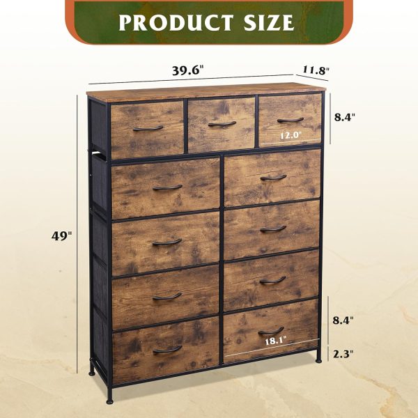 WLIVE Tall Dresser for Bedroom, Fabric Dresser Storage Tower, Dresser & Chest of Drawers Organizer Unit with 11 Drawers, Storage Cabinet, Hallway, Closets, Steel Frame, Wood Top - Image 3